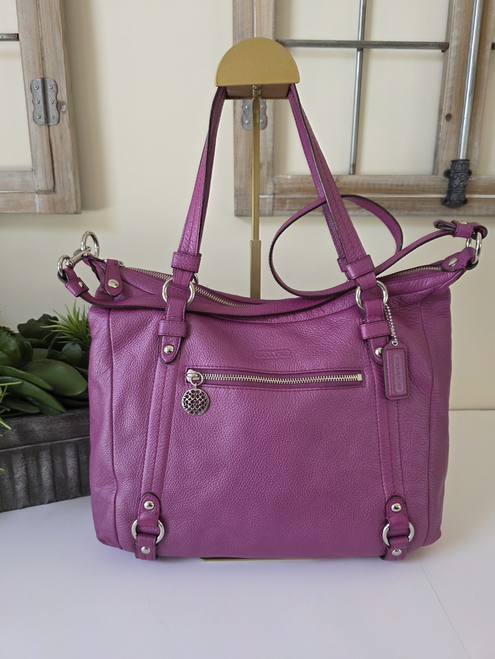 Coach Alexandria Convertible Tote Crossbody Pebbled Leather Berry Purple Bag